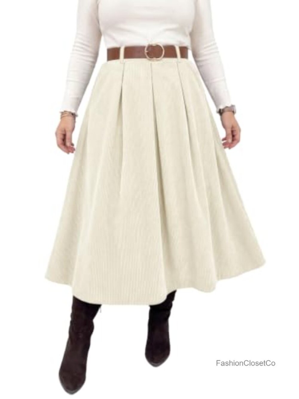Women's Plus Size Corduroy A-Line Pleated Skirt with Pockets